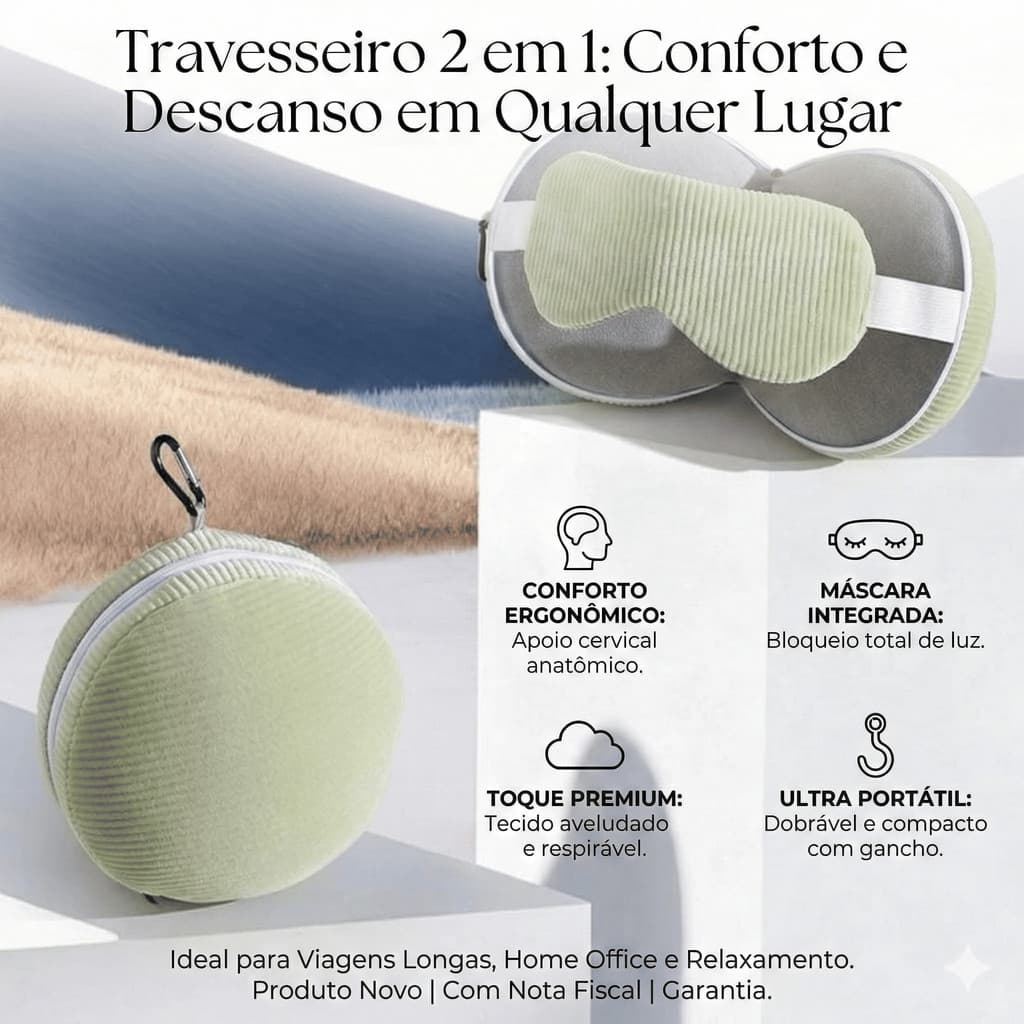 -Travesseiro de Viagem 2 em 1 com Máscara de Dormir – Almofada Ergonômica, Compacta e Confortável