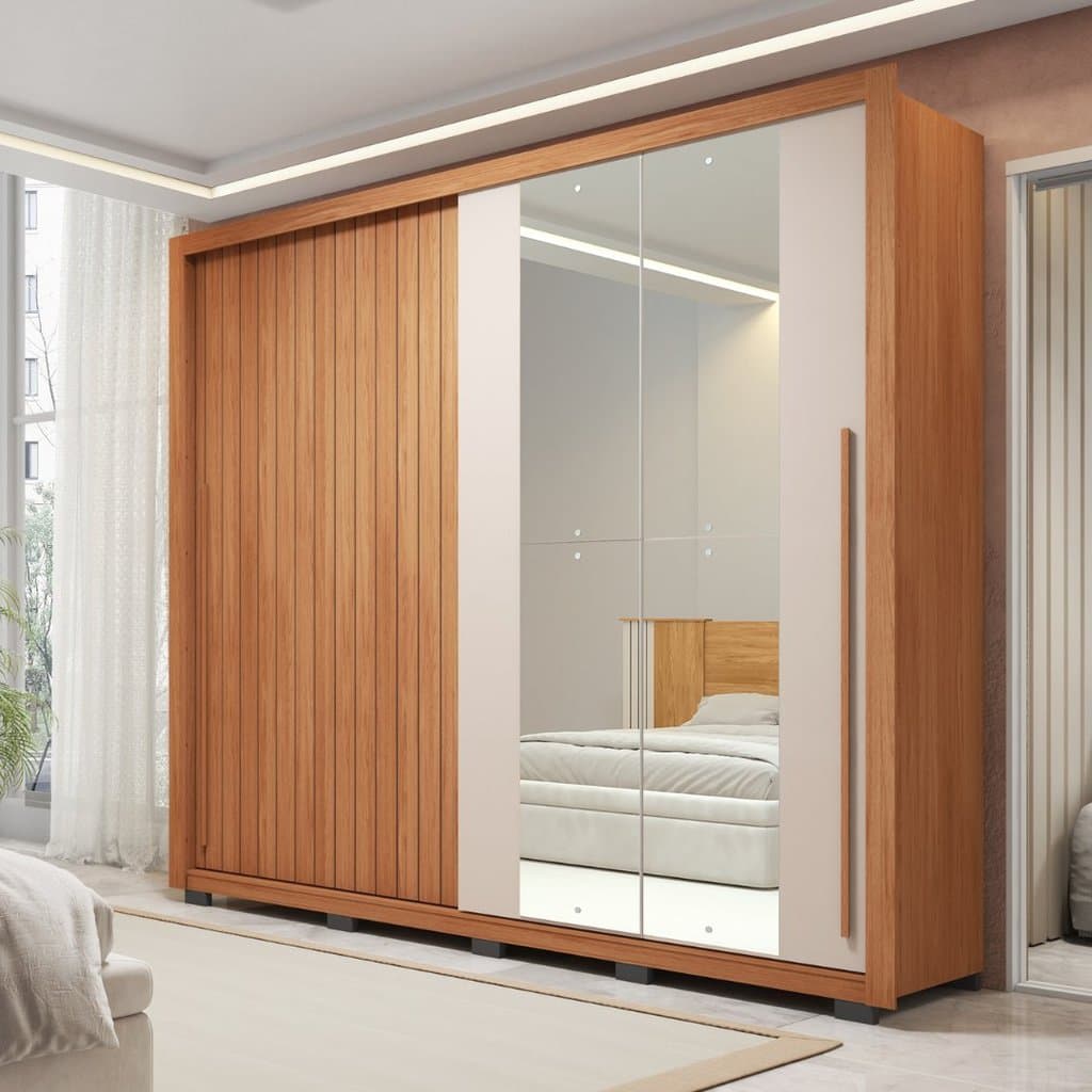 Guarda-roupa Casal Ripado com Espelhos 2 Portas e 4 Gavetas Suburban Gold Espresso Móveis Freijó/Off White