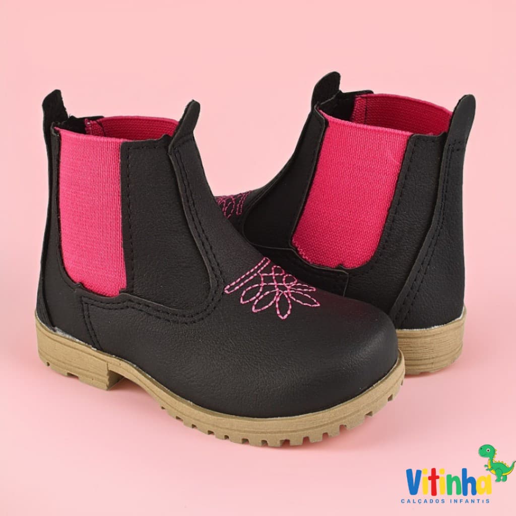 Botinha Jeca Menina Infantil Bota Princesa Bebê  Cowntry  PRETO PINK