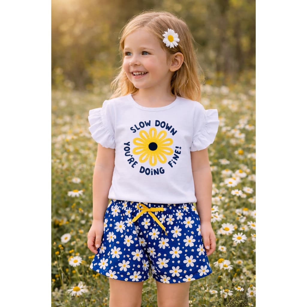 Conjunto Infantil Blusa Meia Malha com Estampa e Bermuda Poliflex Estampada Verão