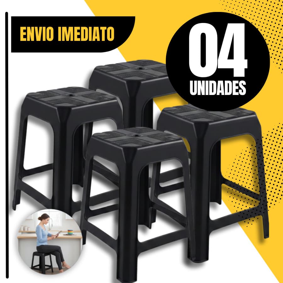 Kit de 4 Banqueta de Plástico Banquinho Reforçado Preto Banco Suporta Até 120Kg