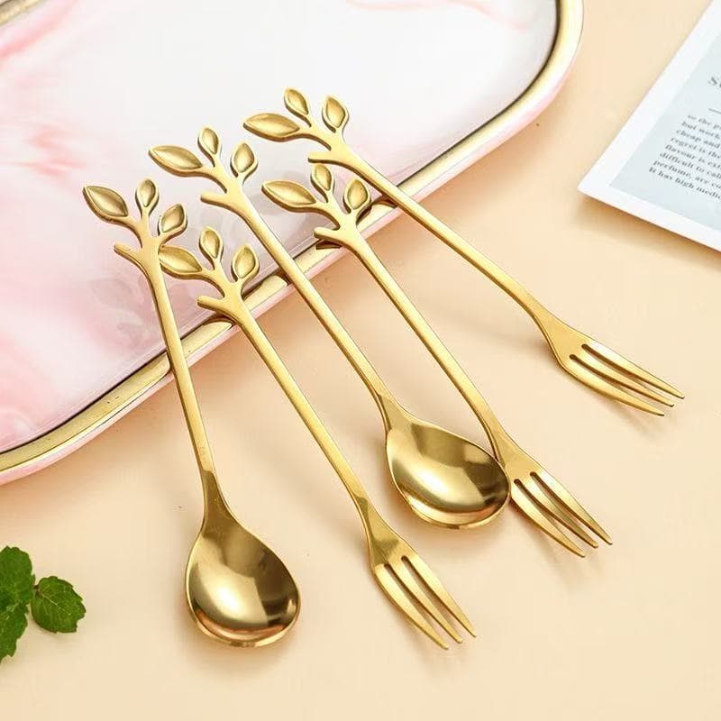 Conjunto de Garfos ou Colheres Dourados e Folha Café Fruta e Sobremesas Toque Sofisticado Talheres