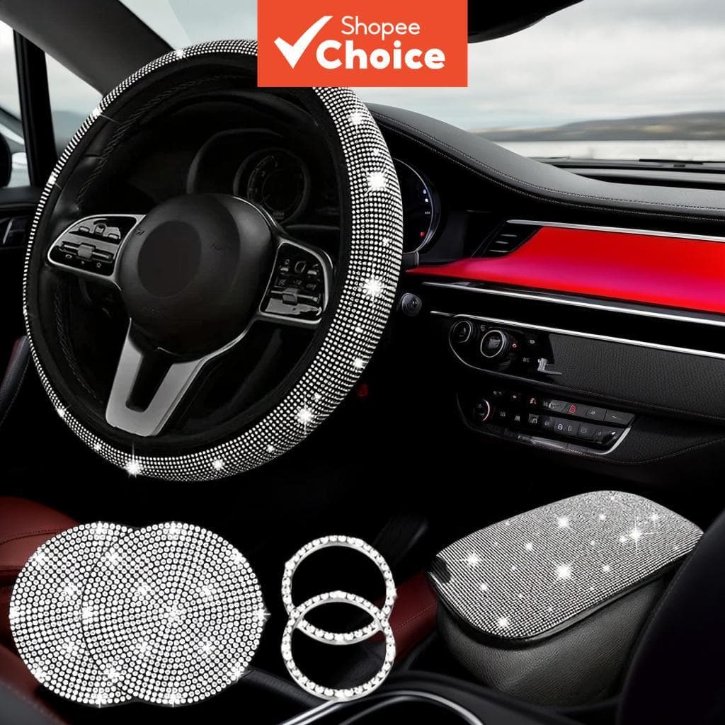 7 Peças Kit De Decoração De Carro Bling Capa De Volante De Cristal Acessórios Automotivos Fofos