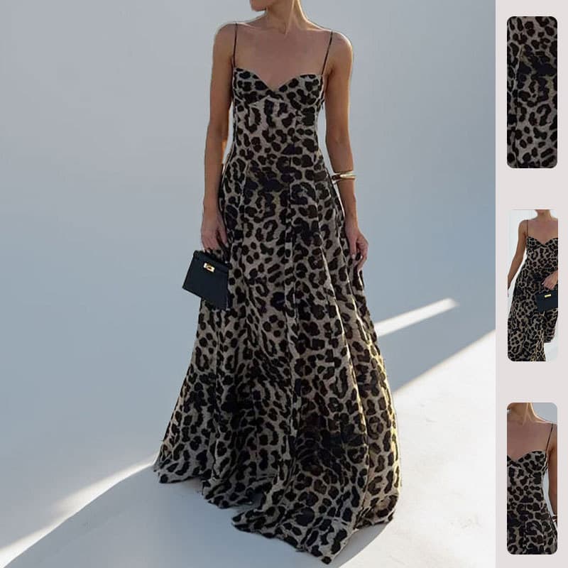 Vestido Feminino Novo da Primavera de 2026, Elegante e Sexy, com Estampa de Leopardo e Alças