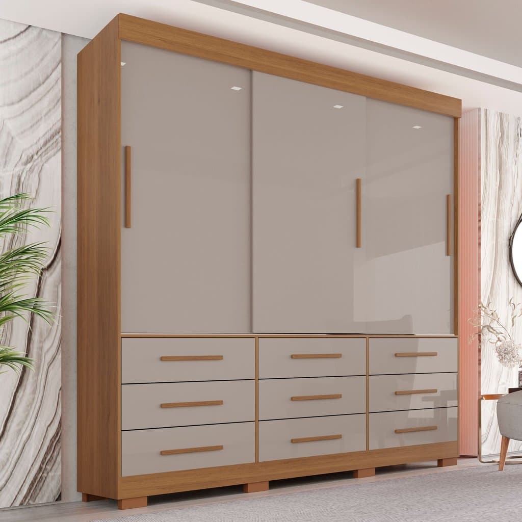 Guarda-roupa com Pés Casal 3 Portas 9 Gavetas Luana Cinamomo/Off White