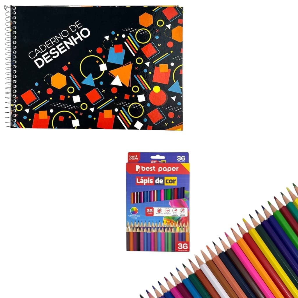 Kit desenho 36 Lápis de cor e caderno de desenho 