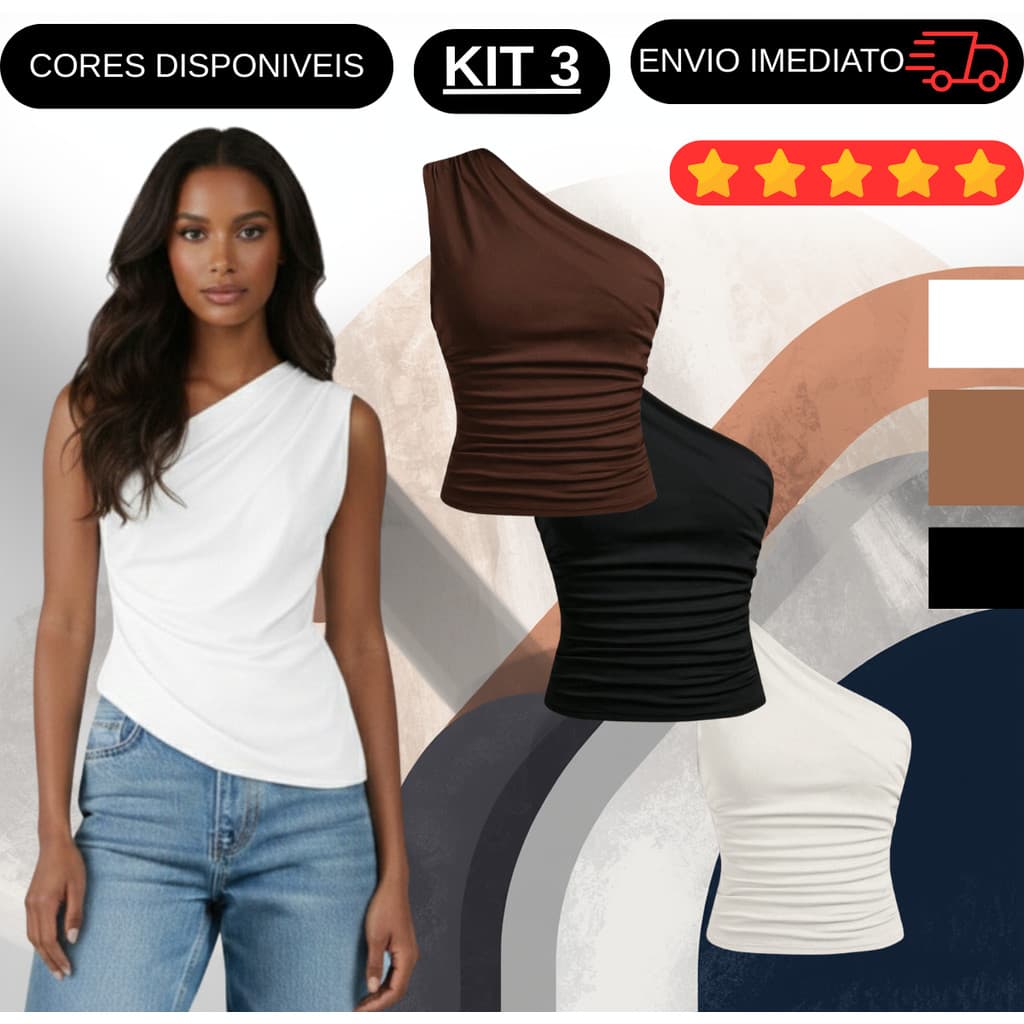 KIT 3 Blusa Mula Manca  Feminina Elegante Franzido Assimétrica Ombro Único Com Casual