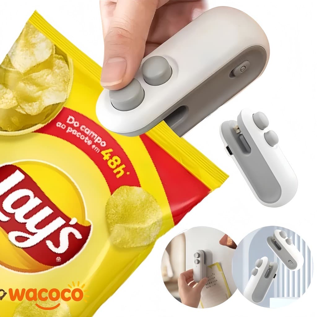 Mini Máquina Seladora Portátil 2 em 1 Elétrica – Carregamento USB para Saco Plástico e Embalagens