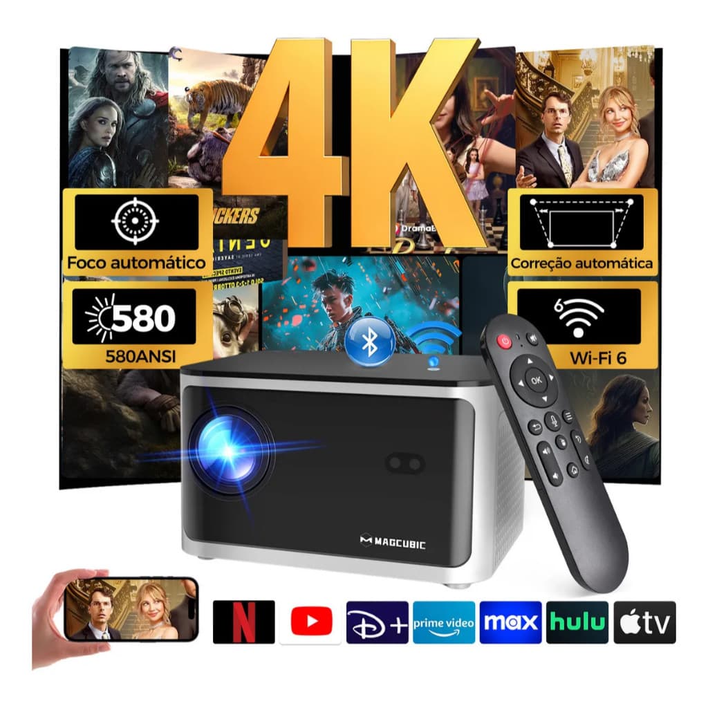 Projetor Magcubic HY350 580ANSI Foco automático 4K Home Theater 2+32GB Wi-Fi 6 BT5.0