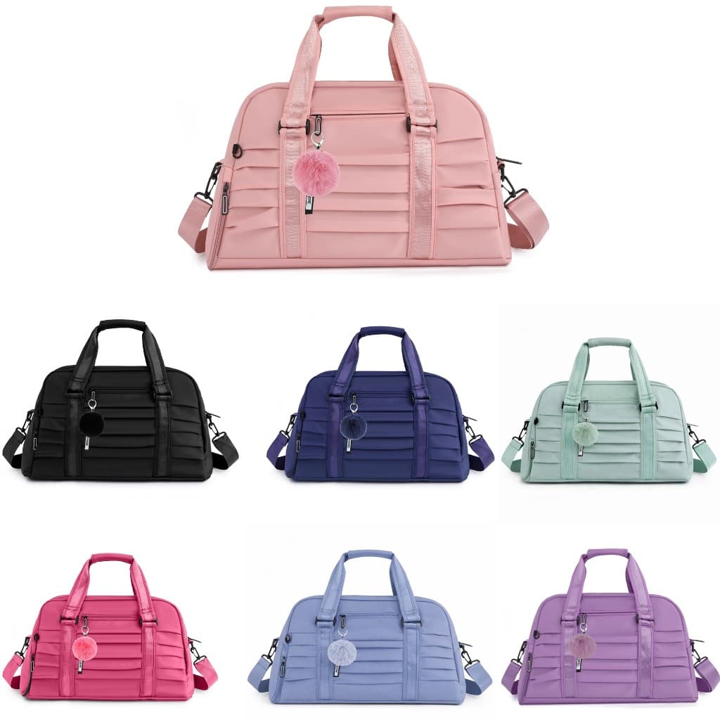 Bolsa Esportiva Feminina com Plissado, Bolsa de Academia com Alça de Ombro e Pingente, Leve e Espaçosa