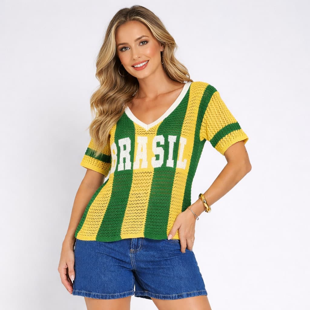 Blusa Tricot Brasil Decote V  Malha Vazadinha Premium, Look Moderno para Torcer com Estilo Copa 2026