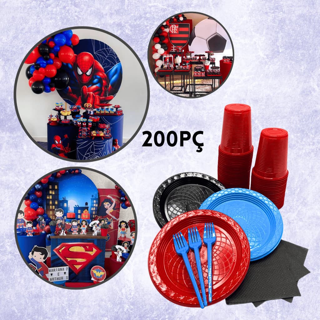 Kit Festa Aniversário Descartável 200 Peças Temático Criança Personagens: 50 Pratos, 50 Copos, 50 Garfos 50 Guardanapos