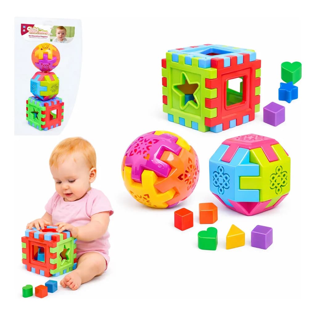 Kit 3 Brinquedos Educativos Cubo Bola Didática Geométricos