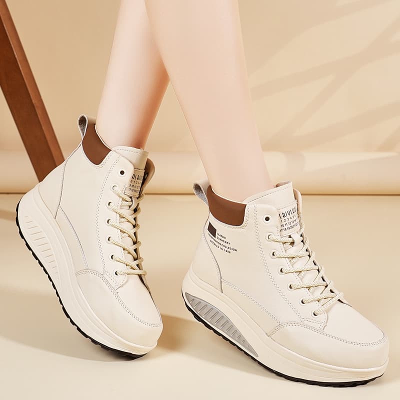 Sapatos Casuais de Inverno Femininos Cano Médio Bege em PU com Sola Macia, Plataforma, Antiderrapantes, Respiráveis, Bic