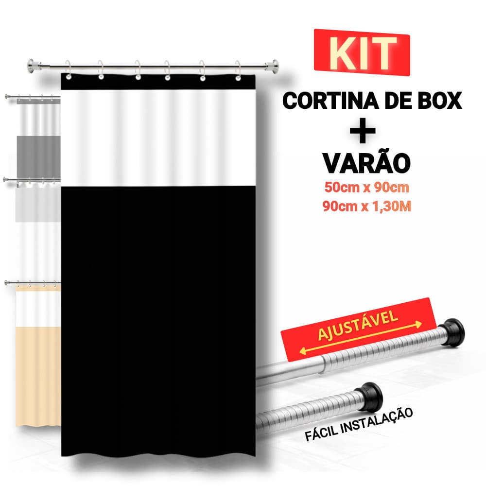 Kit Suporte Varão Bastão P/ Banheiro 90cm x 1,30m / 50cm x 90cm + 1 Cortina de Box c/ Visor Antimofo