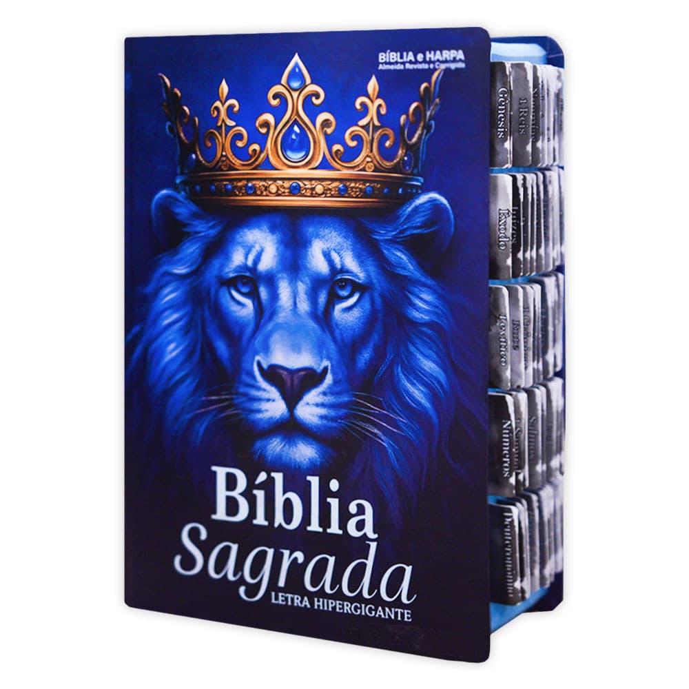 Bíblia Leão Azul Real | Hipergigante - ARC - João Ferreira de Almeida - Índice de Abas Adesivas - Harpa