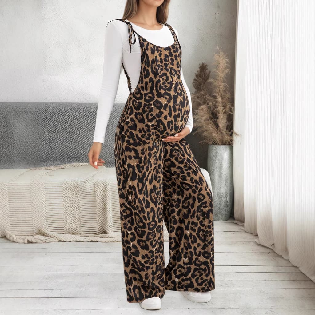 Roupas de maternidade para primavera e verão, novo macacão com estampa de leopardo e alças ajustáveis, macacão casual de