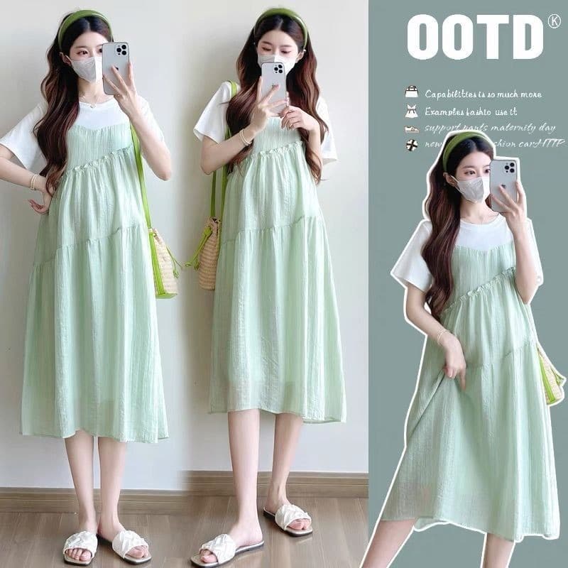 Estilo ocidental doce roupa de maternidade falso vestido de costura de duas peças saia de maternidade solta pequeno cara