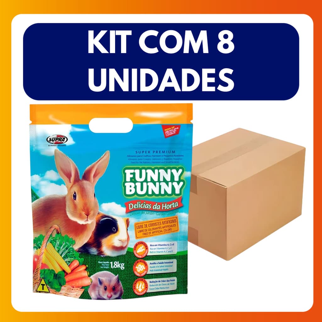 Kit C/8 Unidades Ração para Coelho Funny Bunny Delícias da Horta 1,8kg