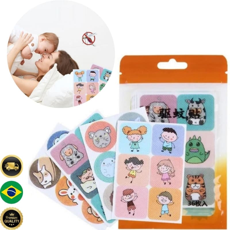 Adesivo Repelente Natural Infantil | Mosquitos | Estampas Divertidas | Pacotes 36 / 72 / 108 / 144 Unidades