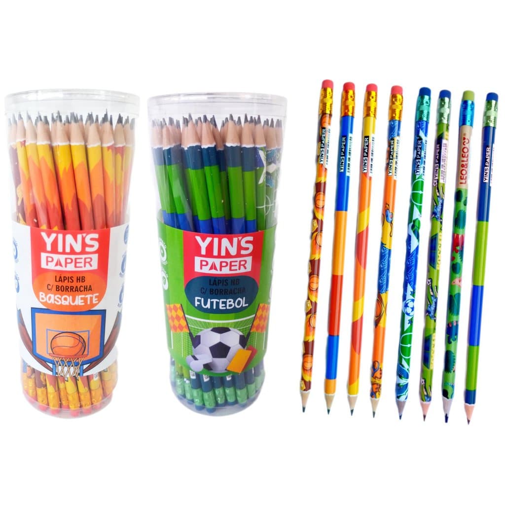 YP8230P - Kit Lápis de Escrever Escolar Preto HB Esportes Futebol Basquete com Borracha Yins