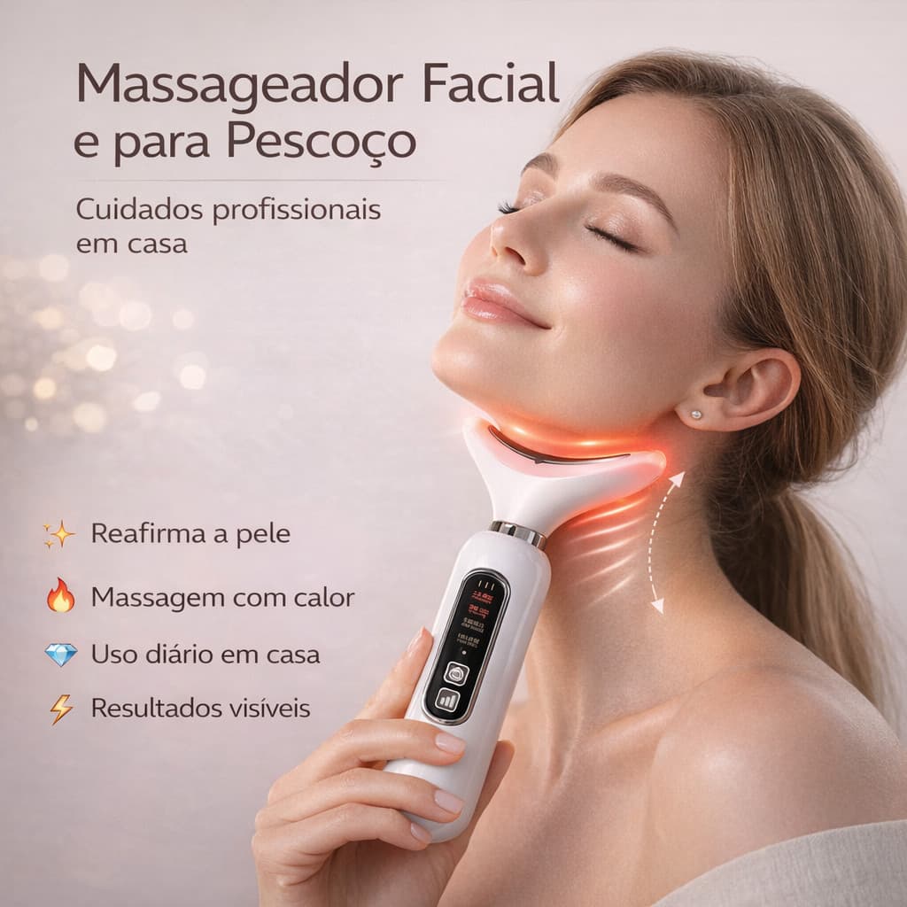 Massageador Aparelho De Beleza Para Pescoço Facial Com Vibração de Ondas Luminosas Anti-Rugas Remoção Dupla
