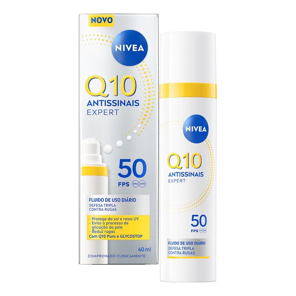 NIVEA Q10 Antissinais Fluido Diário FPS 50 40ml,, Pré-Maquiagem, Toque Seco, Tecnologia Glycostop, Cuidado Facial