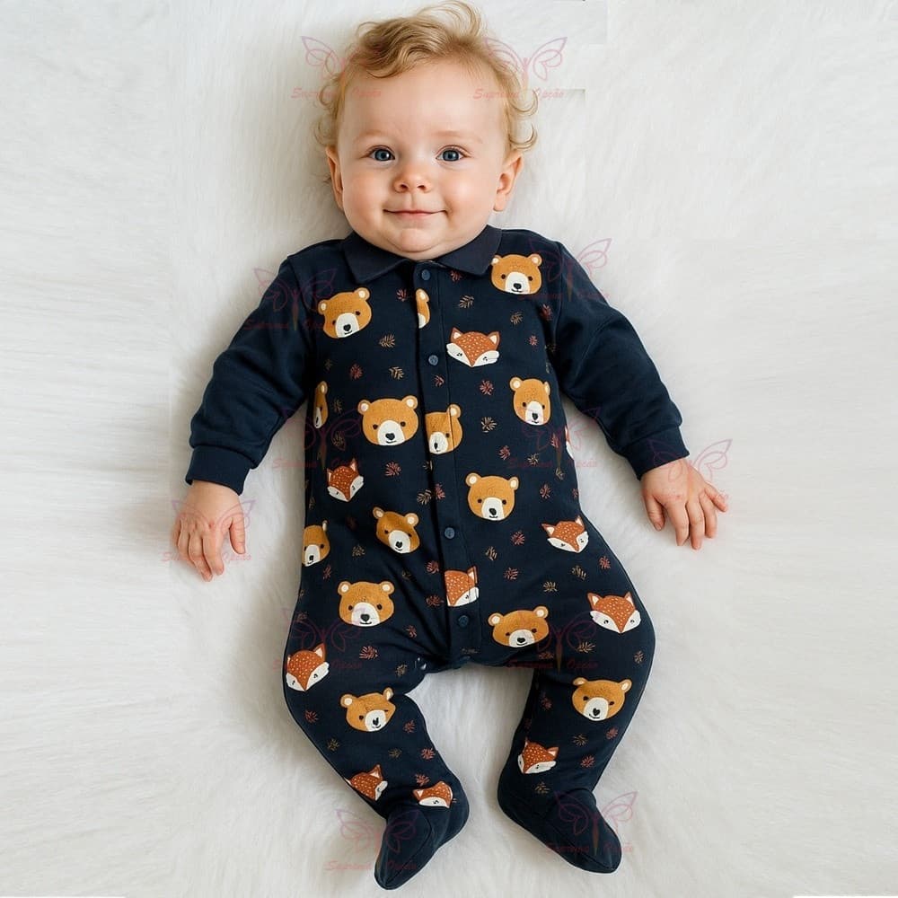 Macacão Manga Longa Vira Pé Bebê Menino – Estampa Ursinho e Raposa RN a 03 Meses