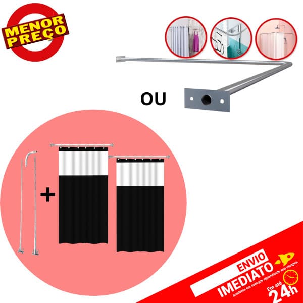 Suporte Curvado de Box Banheiro em L Alumínio OU Kit Completo Suporte em L + 2 Cortinas Com Ganchos