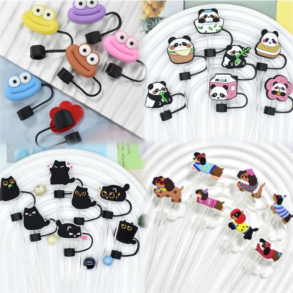 Ponteira Protetor Canudo 10mm Copo Térmico Tampa Silicone Anti-Poeira Fofa Gato Panda Doguinho