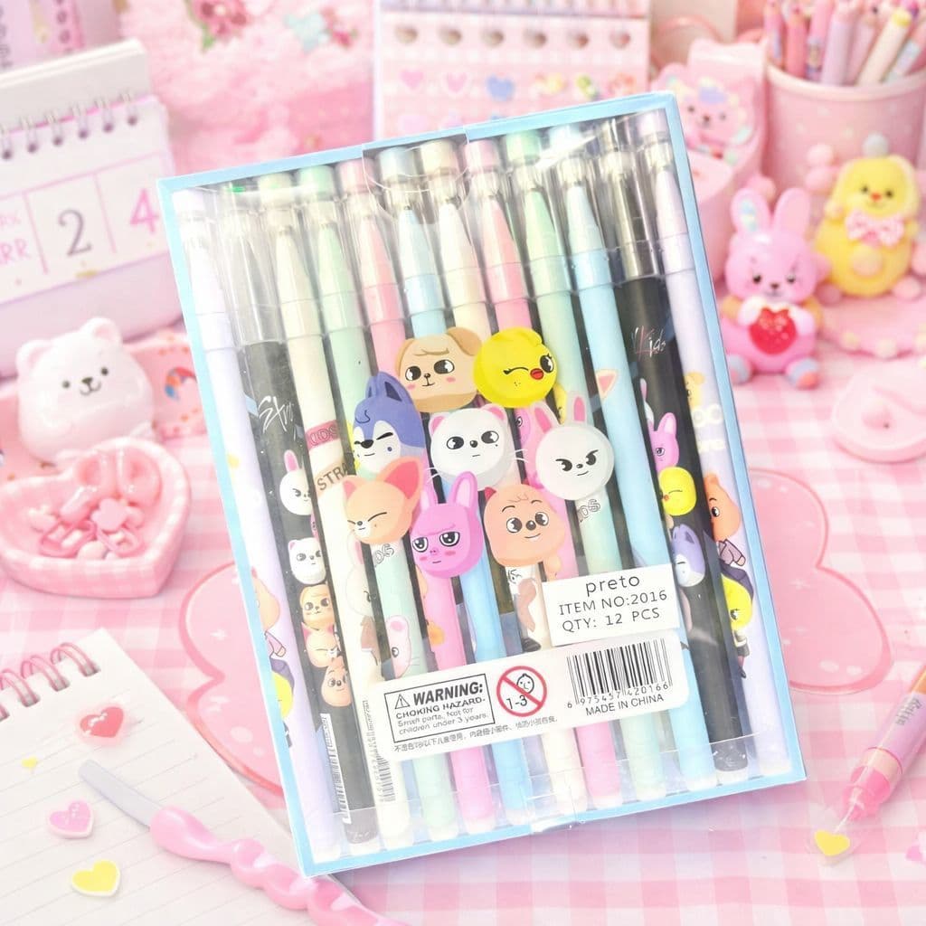 Kit Caneta Gel Escrita Fina 0.5mm Tinta Preta Mascotes – Material Escolar Cute