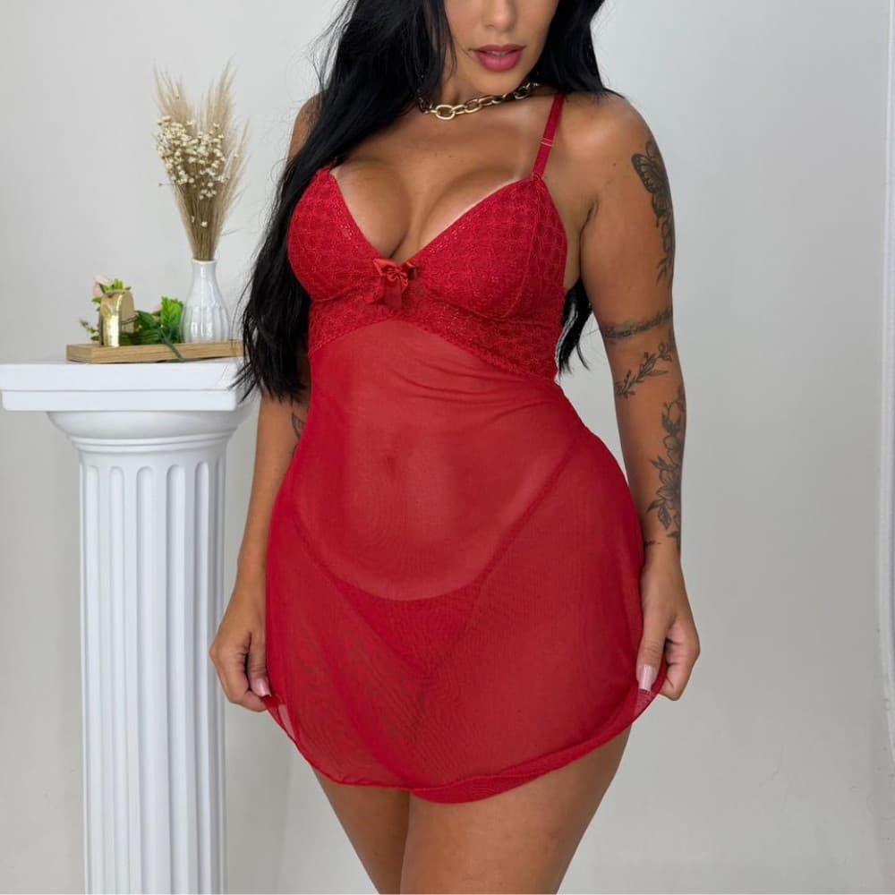 Camisola Sensual de Tule com Renda e Calcinha Elegância e Sensualidade