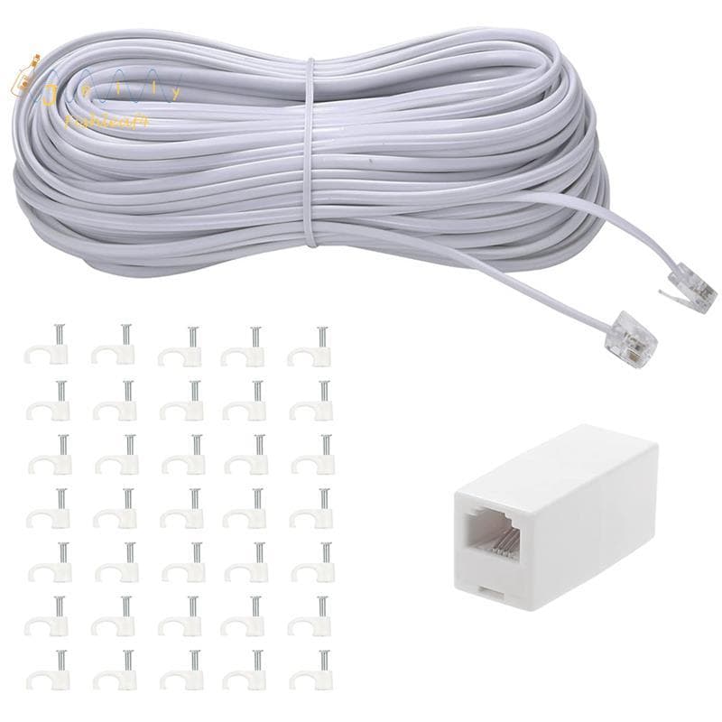 Cabo De Extensão De Linha De Fio De Telefone 100 Pés Com Acopladores E 35 Suportes De Clipe De Para