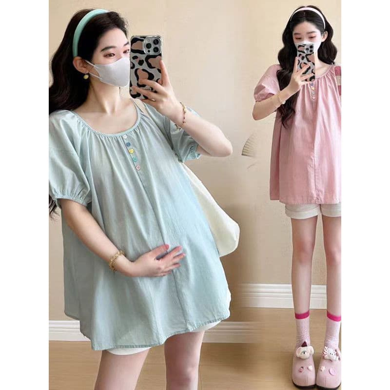 Roupa de maternidade verão topo 2026 novo estilo francês doce idade-reduzindo solto manga curta meados de comprimento ca