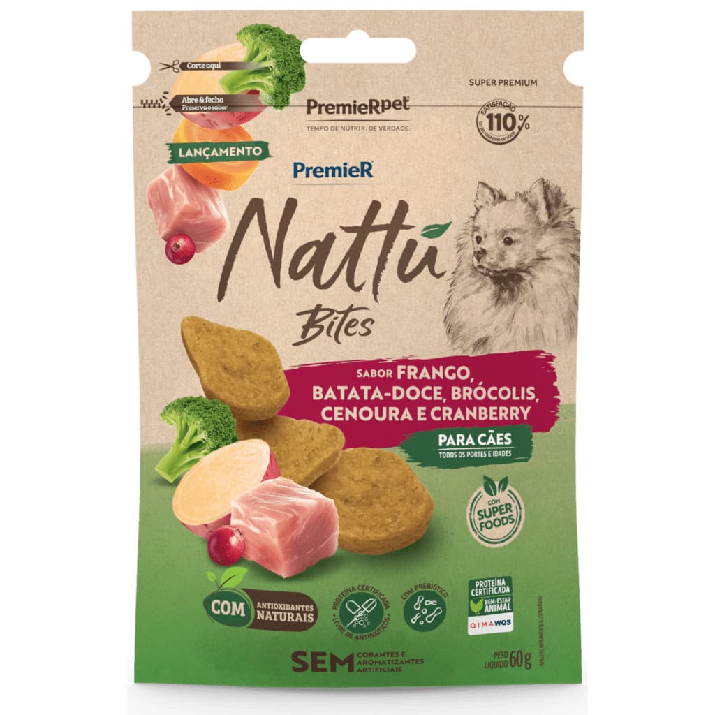 Petisco Premier Nattu Bites Para Cães Adultos Frango, Batata Doce e Brócolis 60g
