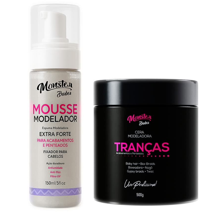 Kit cera Modeladora 500g + Mousse Modelador Monster barber Hair Tranças Cachos e Penteados 150ml