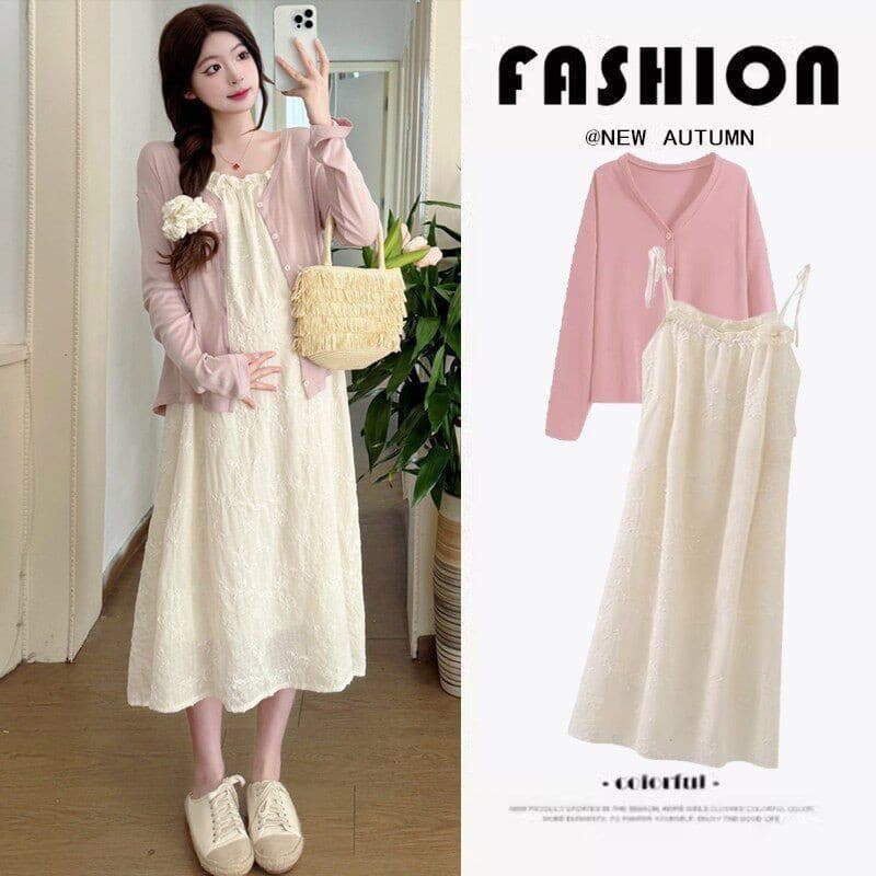 Pequeno vestido de maternidade moda malha Cardigan francês estilo suave doce solto estilingue saia longa terno de duas p