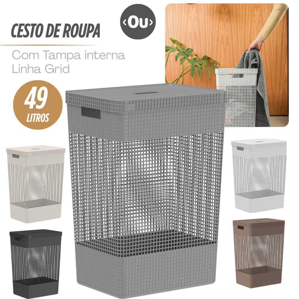 Cesto de Roupa Suja Grande Tampa Grid 49L  Com Tampa Cesto de Lavanderia Organizador