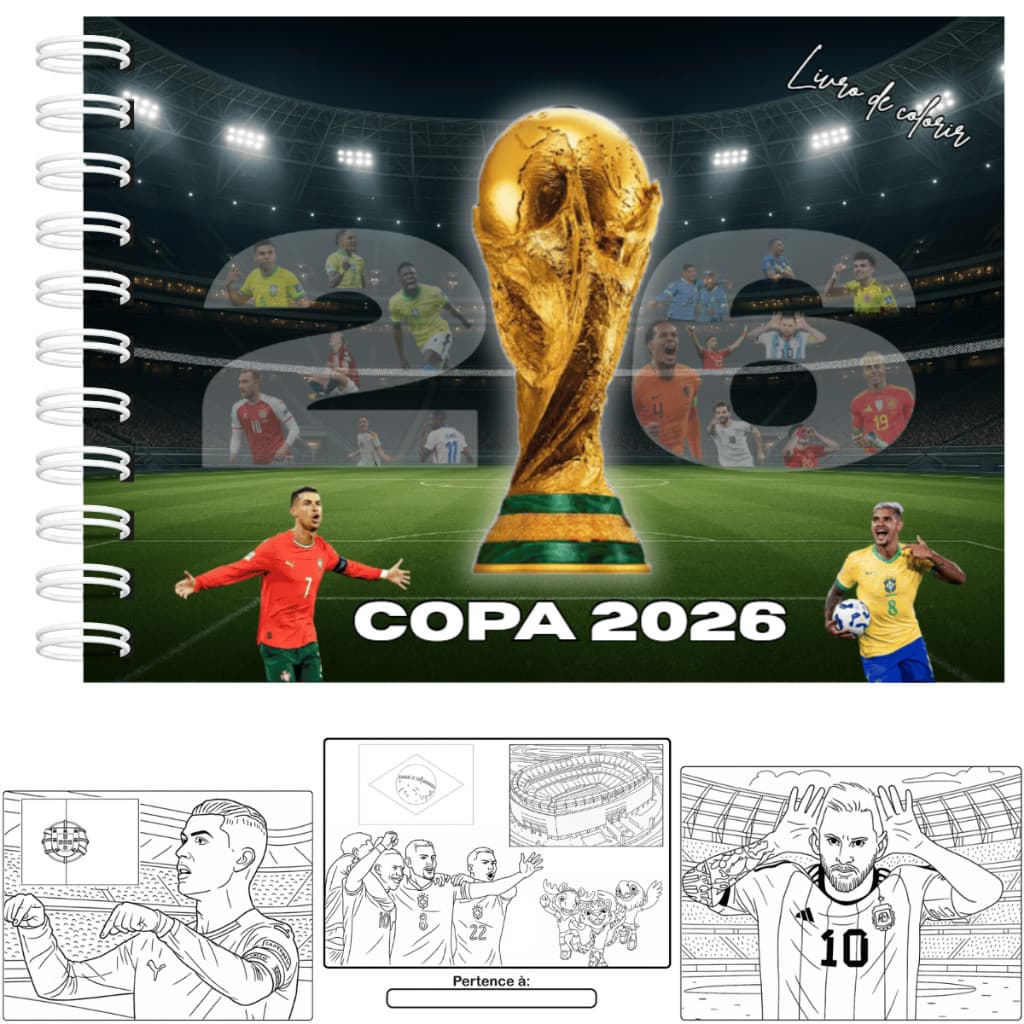Livro De Colorir Copa Do Mundo 2026 Futebol Capa Dura 60 Páginas 180g A5 + Acetato