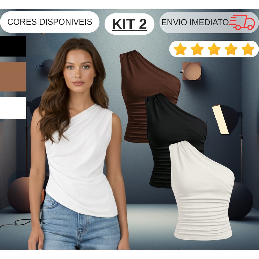 KIT 2 Mula Manca Blusa Feminina Ombro Único Casual Com Elegante Franzidos Assimétrica