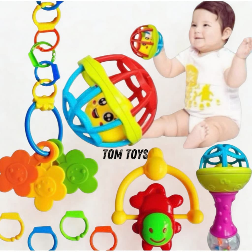 Kit Mordedor para Bebê brinquedo Sensorial Silicone com Chocalho 2/4/8 Peças Coloridas