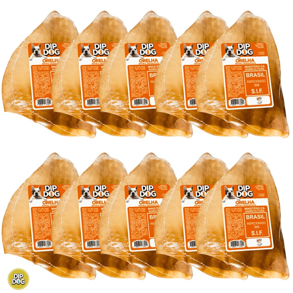 Kit Pacote com 10 Orelhas Bovina Mordedor Desidratado Natural DIP DOG