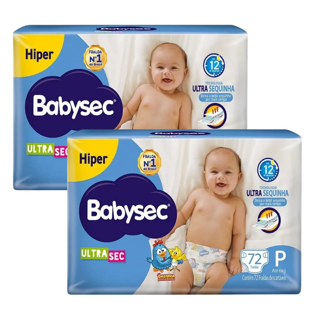 Pack 2x Pacote c/72 unidades tamanho P - Fralda BabySec Ultrasec Galinha Hiper – Barreiras antivazamento