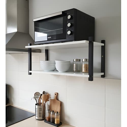 ​Prateleira Nicho para Forno 2 Andares - MDF Premium Branca e Suporte de Madeira Preto - 60x33cm