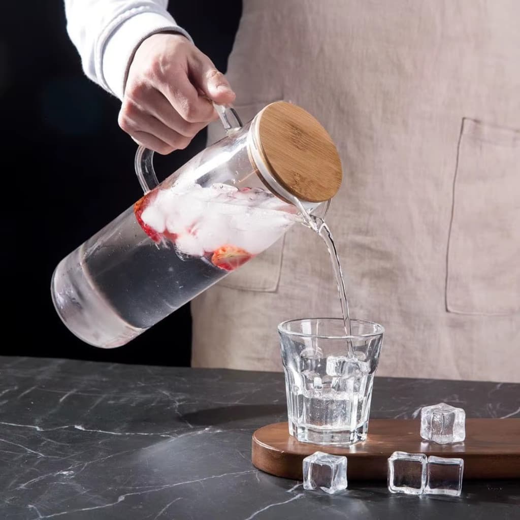 Jarra de Vidro Borossilicato com Tampa de Bambu 1L Garrafa de Suco Chá Tampa Hermética Geladeira