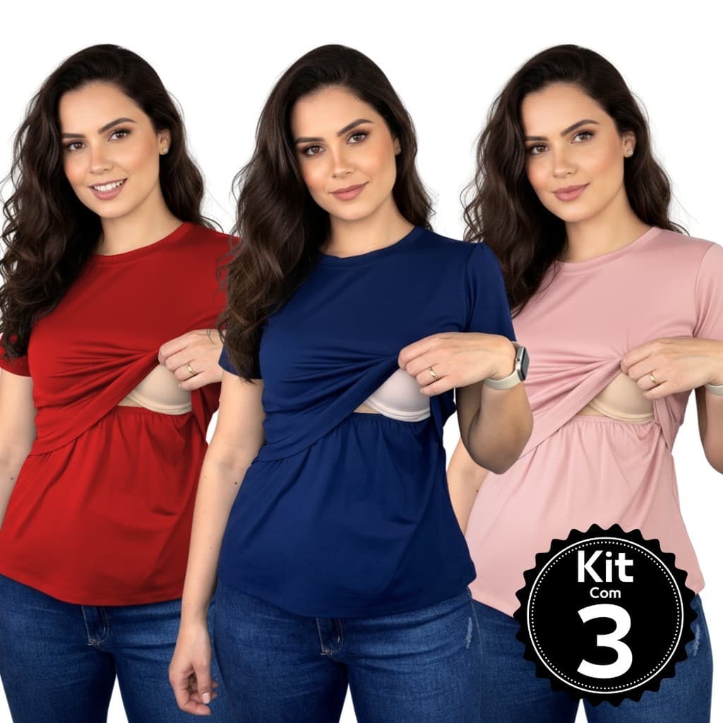 Kit 3 Blusa Amamentação Feminina Pós Parto Manga Curta Conforto e Praticidade