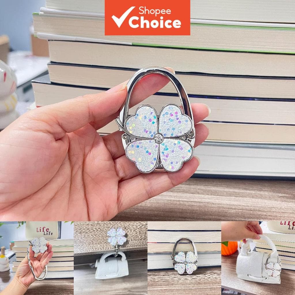  Gancho Portátil Dobrável para Bolsa em Trevo com Strass | Acessório de Artesanato Boho em Liga de Zinco, Suporte de