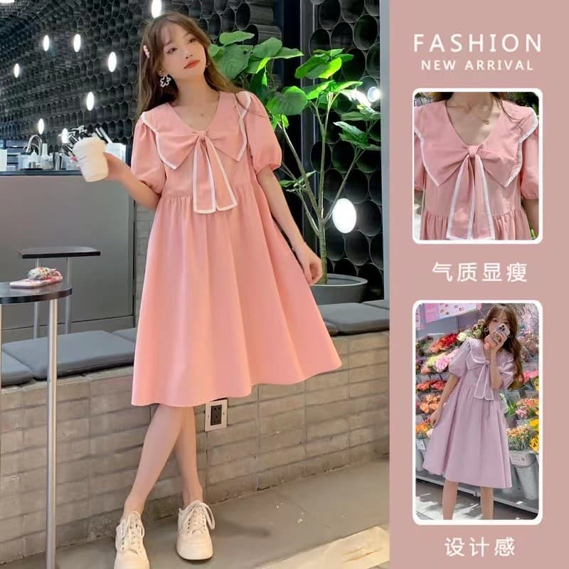 Maternidade vestido de verão moda gola boneca manga curta vestido fino solto Casual cobrindo carne mais magro olhar eleg