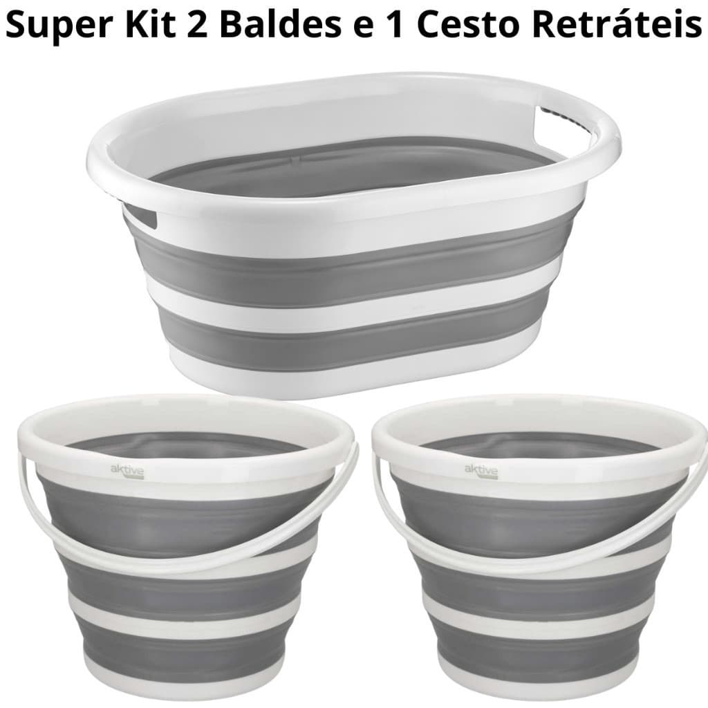 Kit Com 1 Cesto De 26 Litros Retrátil de Silicone E 2 Baldes 10 Litros Retrátil Dobrável Powermaid