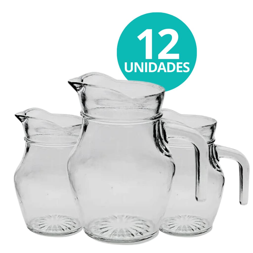 Kit 12 Mini Jarra De Vidro Lisa Transparente Com Alça Agua Suco Clássica 500mL